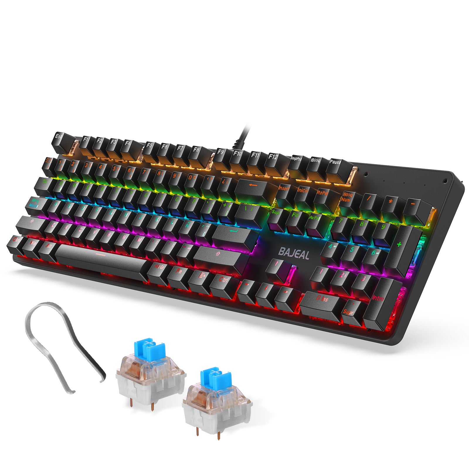 BAJEAL Wired 104 Keys Spanish Keyboard Backlit Computer Laptop Gaming Blue Switch Mechanical Keyboard - Black BAJEAL Wired 104 Keys Spanish Keyboard Backlit Computer Laptop Gaming Blue Switch Mechanical Keyboard - Black